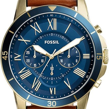 Fossil Grant Sport Quartz Stainless Steel and Leather Chronograph Watch, Color: Gold/Blue, (Model: FS5268)