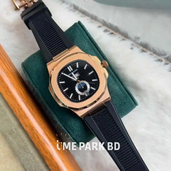 Patek Philippe Nautilus Chronograph with Leather Belt in Banglades || Black Silicon Rose Gold