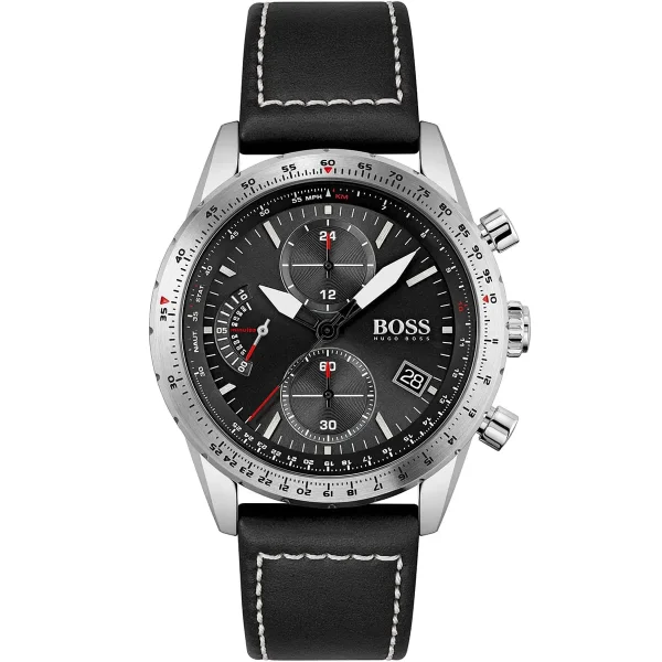 Original Hugo Boss Watch HB.424.1.14.3527 Pilot Edition Chronograph for Men – 1513853 | Black Dial, Leather Belt