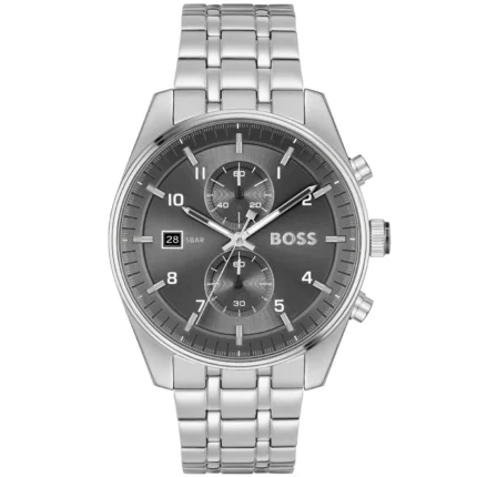 HUGO BOSS SKYTRAVELLER METALLIC GREY DIAL MEN'S WATCH HB1514151 | SILVER BODY