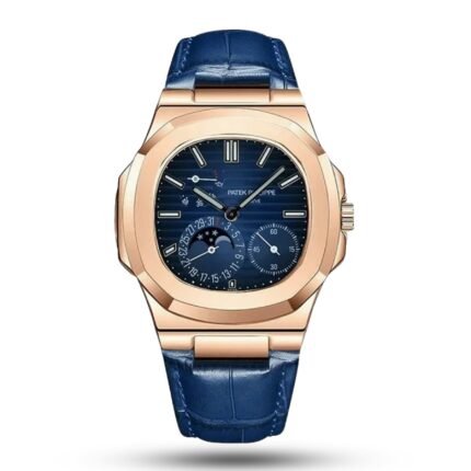 Patek Philippe Nautilus 5712 Automatic Rose Gold Blue Dial Stainless Steel Case Genuine Leather Strap Men's Watch