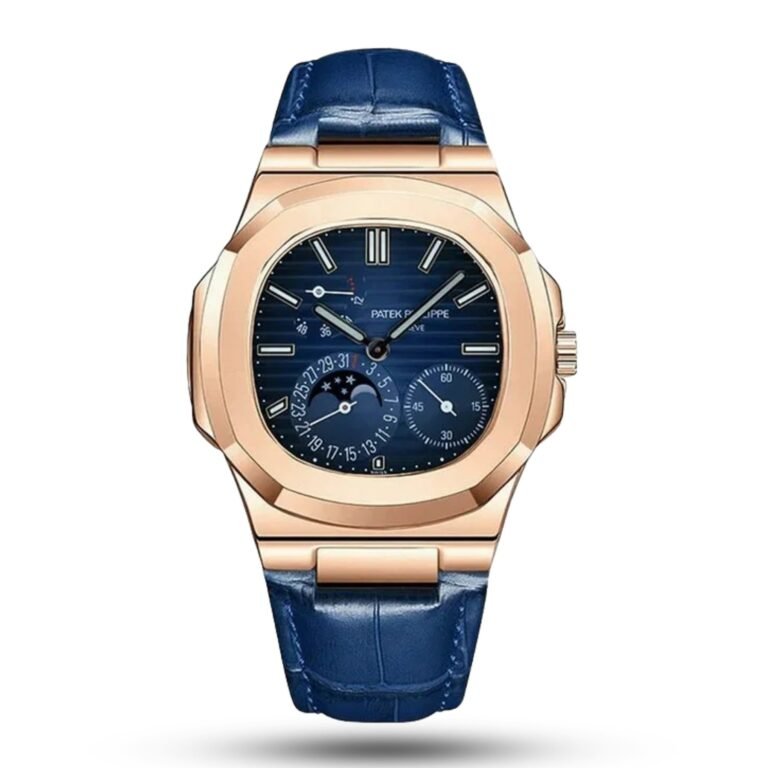 Patek Philippe Nautilus 5712 Automatic Rose Gold Blue Dial Stainless Steel Case Genuine Leather Strap Men's Watch