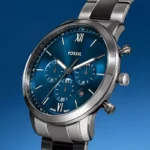 Fossil FS6111 Neutra blue dial gunmetal men's watch detail view
