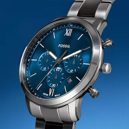 Fossil FS6111 Neutra blue dial gunmetal men's watch detail view