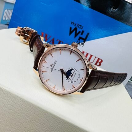JAEGER LECOULTRE Master Ultra Thin Moon Rose Gold Case Automatic Genuine Leather Strap Men’s Watch