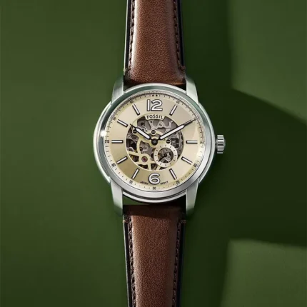Fossil Heritage ME3264 brown leather watch detail