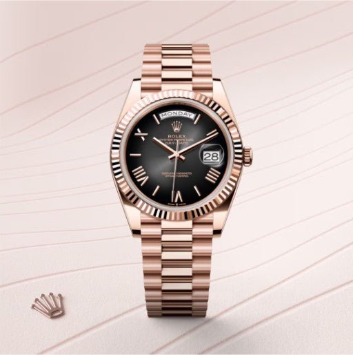 Rolex Day-Date Ref: 228235-0055 Everose Gold Fluted Bezel Black Dial 40mm Swiss 1:1 Mirror Grade Men’s Watch