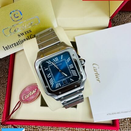 Cartier Santos Automatic Stainless Steel Silver Case Blue Dial Men’sChain Watch