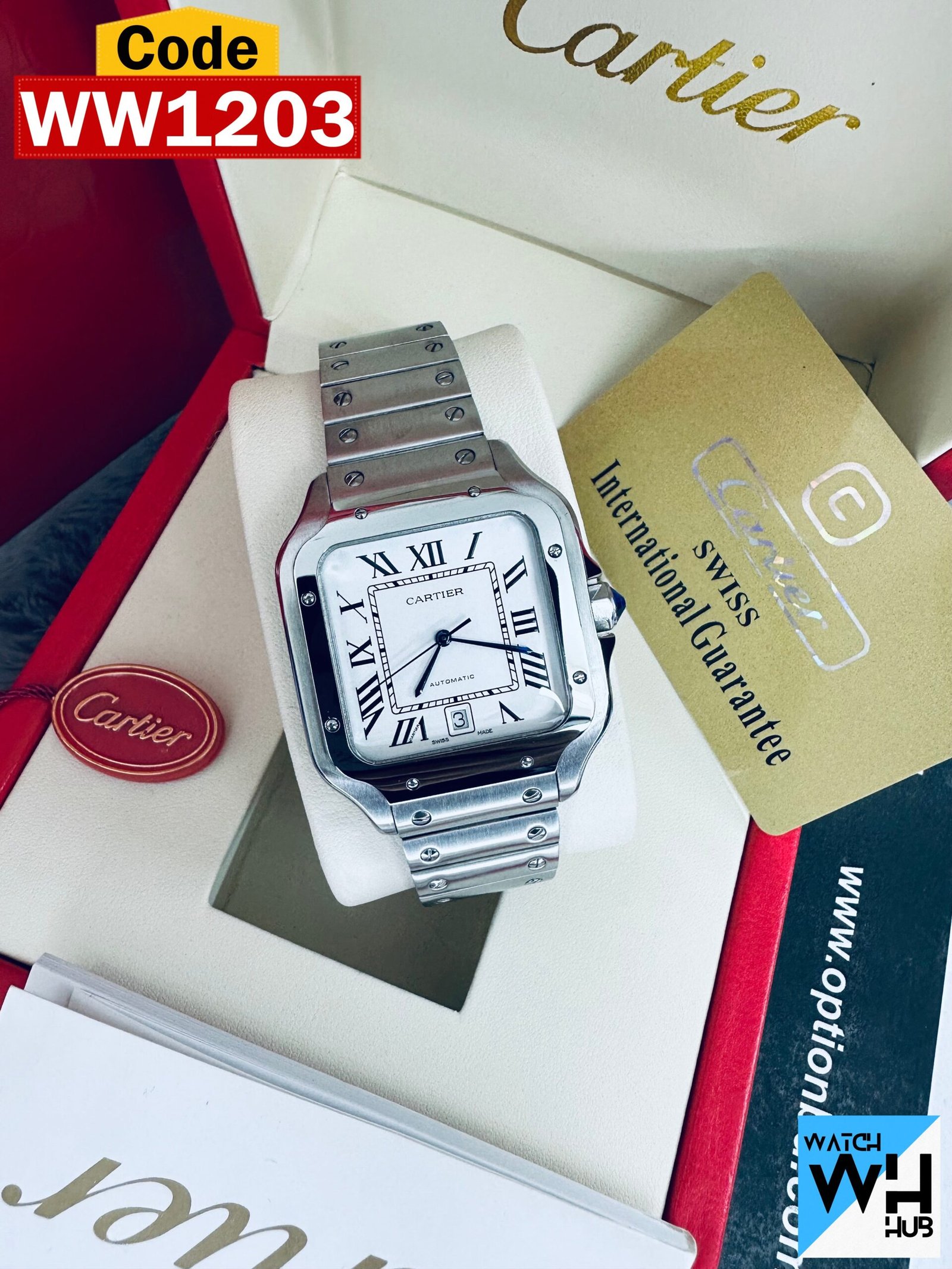 WW1203.jpg Cartier Santos Automatic Stainless Steel Silver Case White Dial Men’s Chain Watch