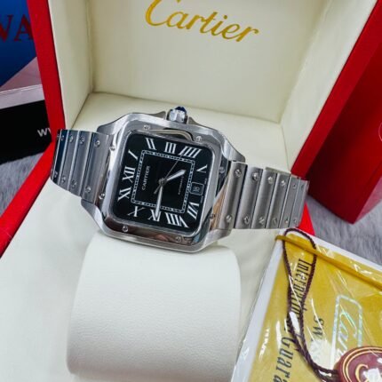 Cartier Santos Automatic Stainless Steel Silver Case Black Dial Men’s Chain Watch