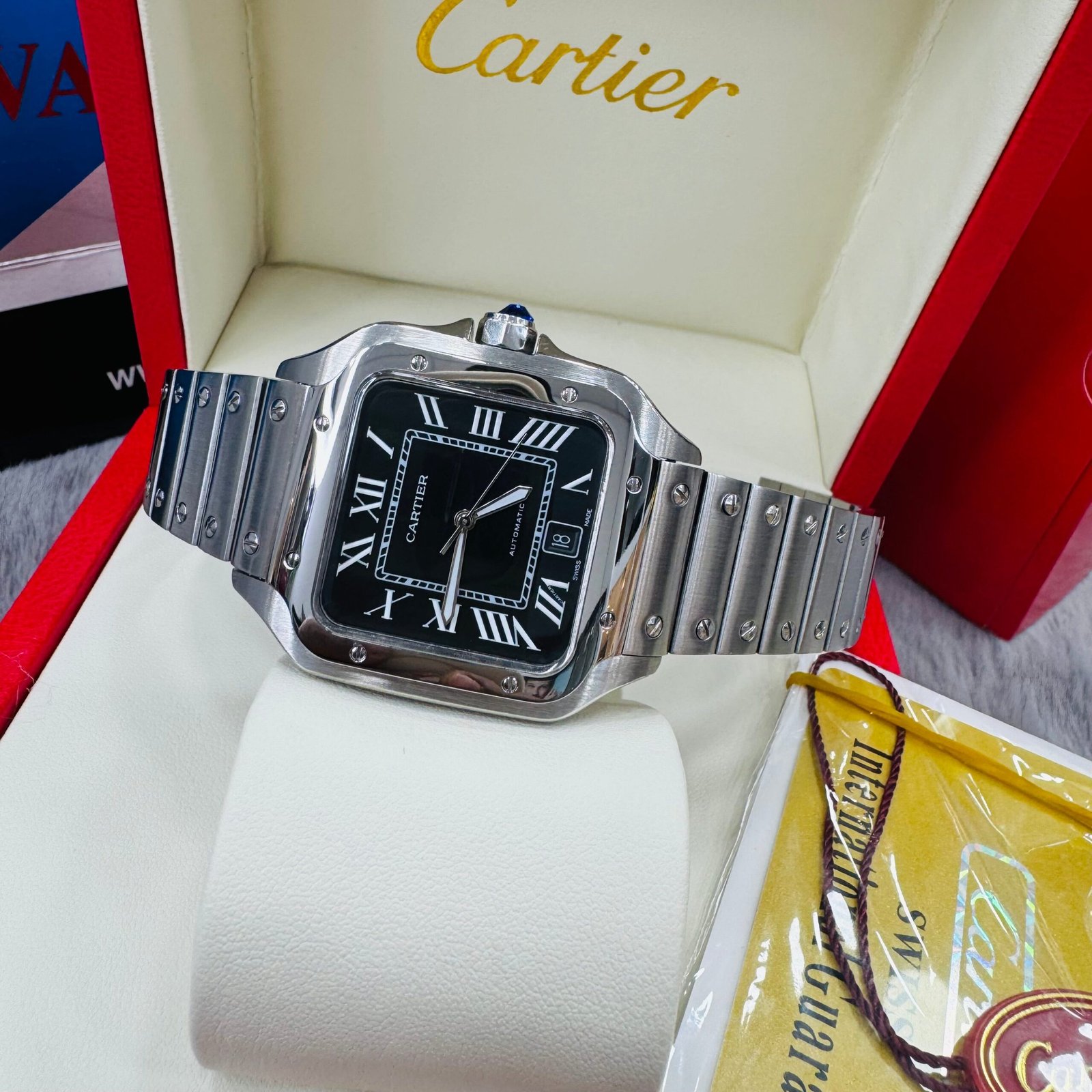WW1208_12500.jpg Cartier Santos Automatic Stainless Steel Silver Case Black Dial Men’s Chain Watch