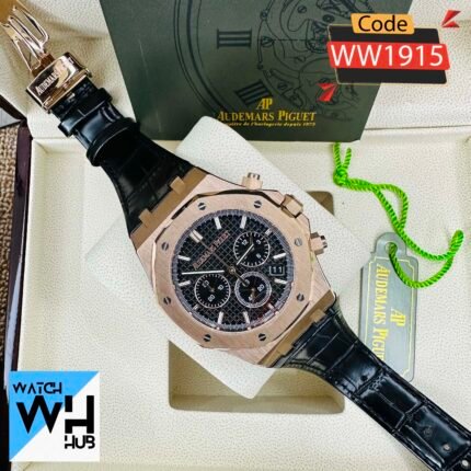 Audemars Piguet Royal Oak Chronograph Quartz Rose Gold ColorGenuine Leather Strap Men’s Watch