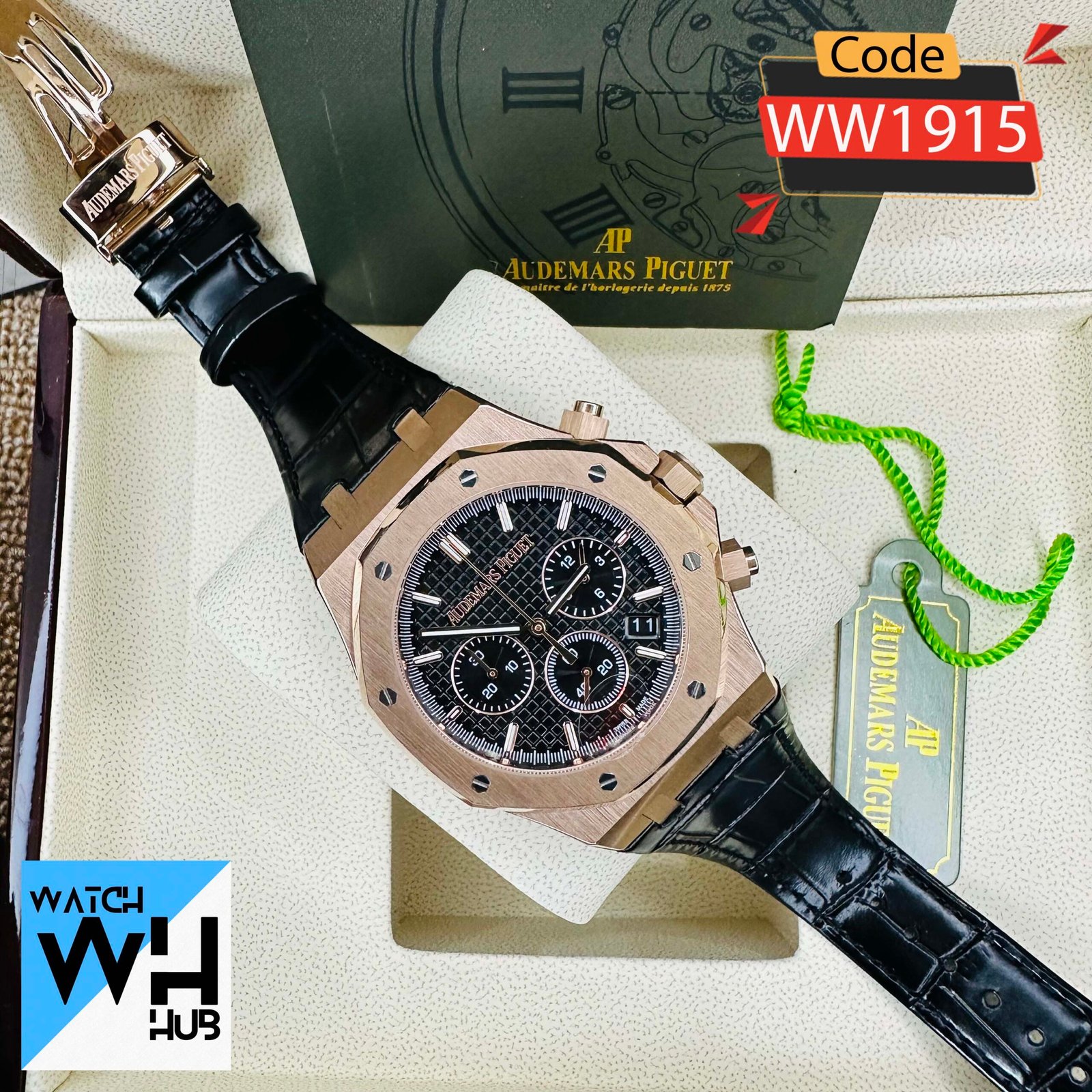 WW1915_1.jpg Audemars Piguet Royal Oak Chronograph Quartz Rose Gold ColorGenuine Leather Strap Men’s Watch