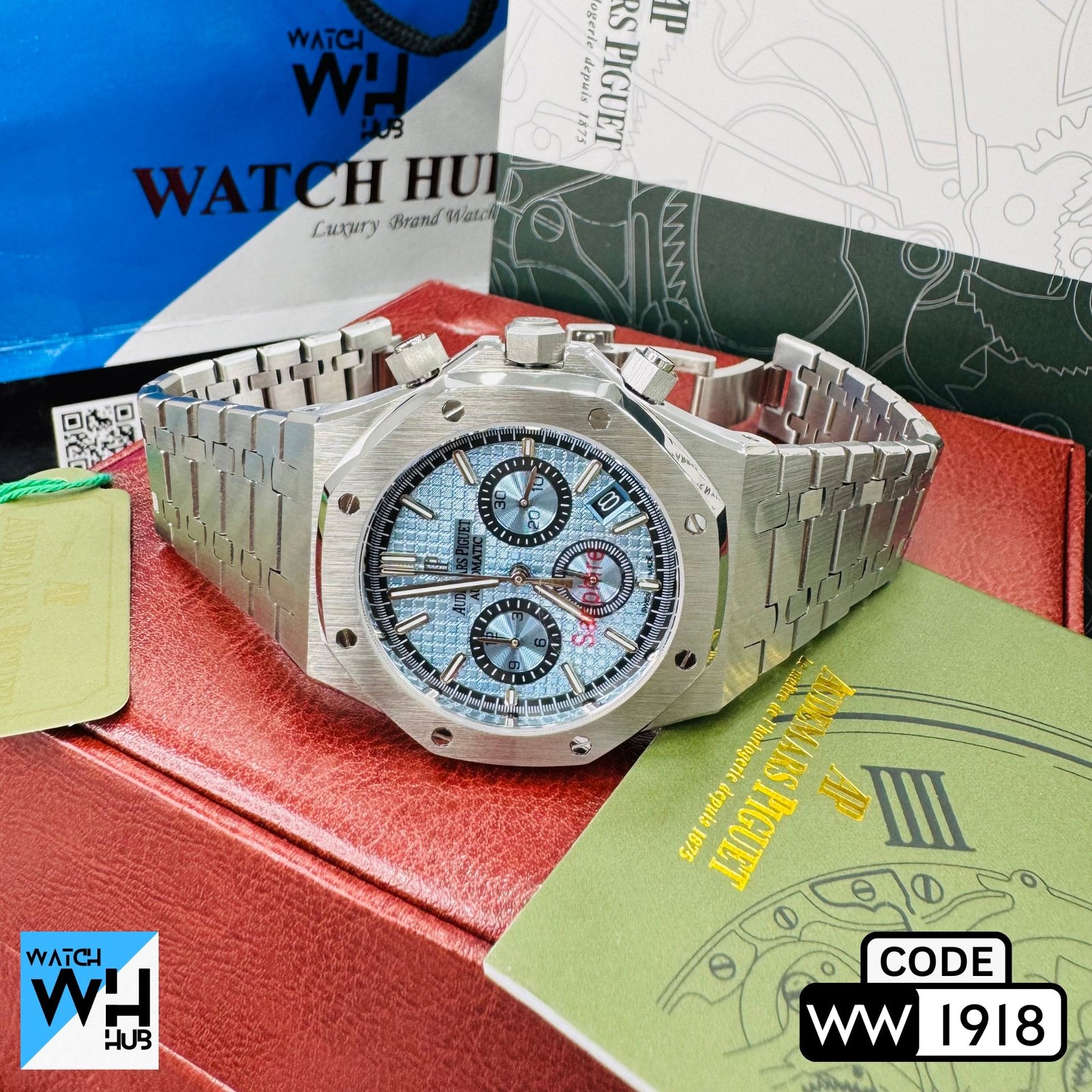 WW1918_13K.jpg Audemars Piguet Royal Oak Chronograph Quartz Ice Blue Dial Stainless Steel Chain Men’s Watch