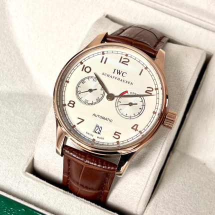 IWC “Portuguese” Automatic White Dial Rose Gold Case Tone Genuine Leather Strap Men’s Watch
