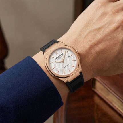 HANBORO Octagonal Luxury Sports Collection HAO-003-1 – White Teak Grooved Dial Automatic Men's Watch