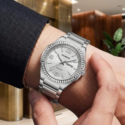 HANBORO Fluted Bezel Honeycomb Collection HAO-014-2 – Silver Honeycomb Dial Automatic Men's Watch
