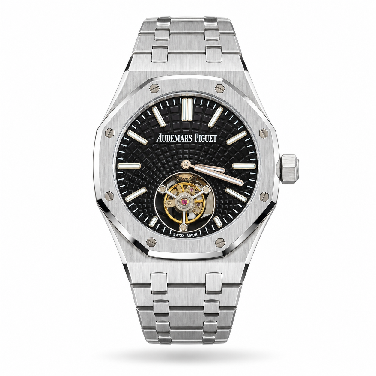 IMG_4450-hero-draft Audemars Piguet — Black Dial & Silver-Tone Bracelet, Open-Heart Design - Image 1