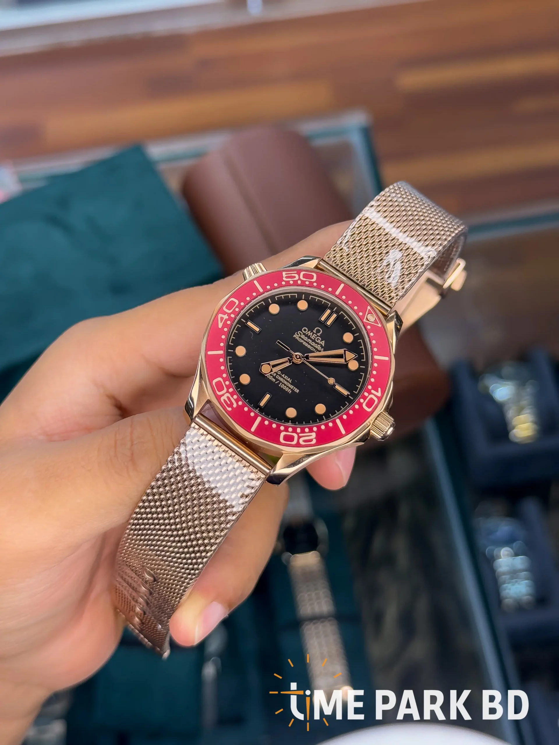 IMG_4761_result Omega — Black Dial, Red Bezel & Rose-Gold-Tone Mesh Bracelet - Image 2