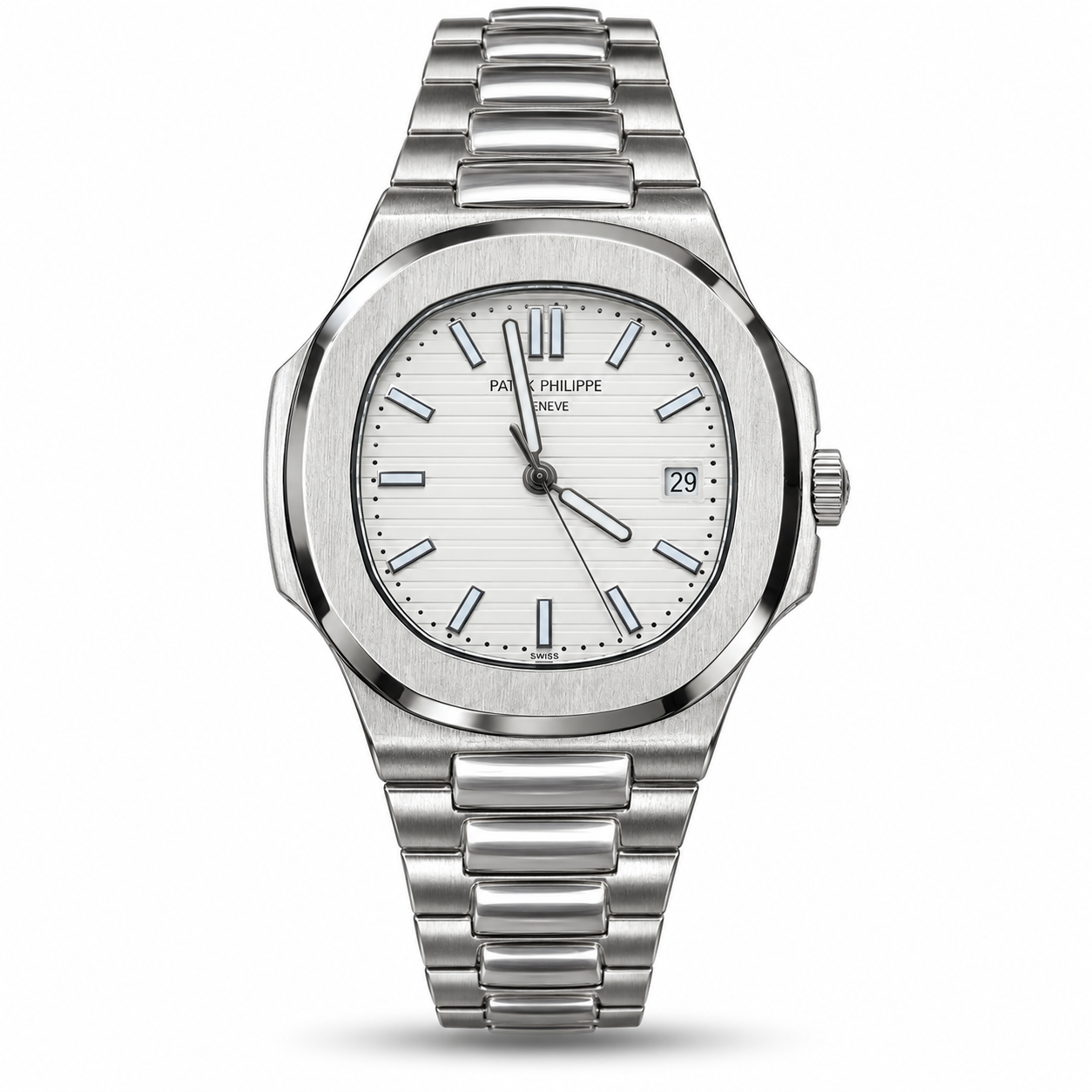 IMG_6739-hero-draft Patek Philippe — White Ridged Dial & Silver-Tone Bracelet - Image 1