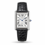 Cartier — White Roman Dial, Rectangular Silver-Tone Case & Black Strap