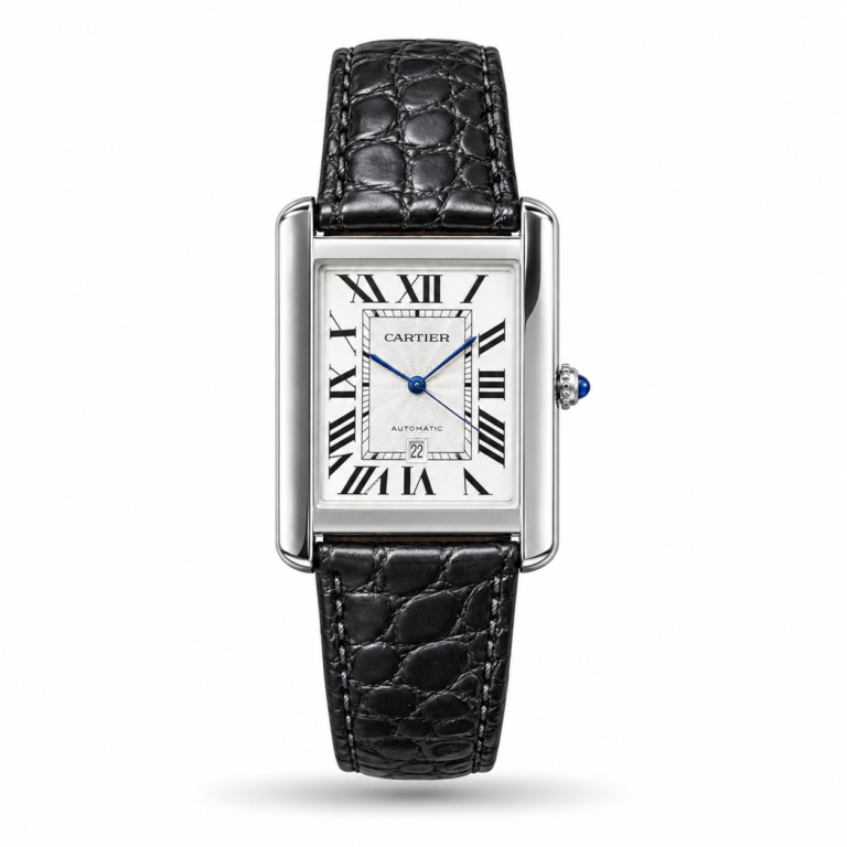 Cartier — White Roman Dial, Rectangular Silver-Tone Case & Black Strap