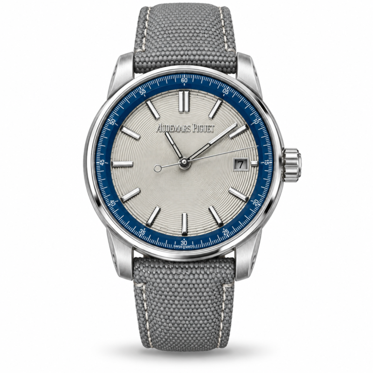 Audemars Piguet — Silver Dial, Blue Outer Ring & Grey Woven Strap