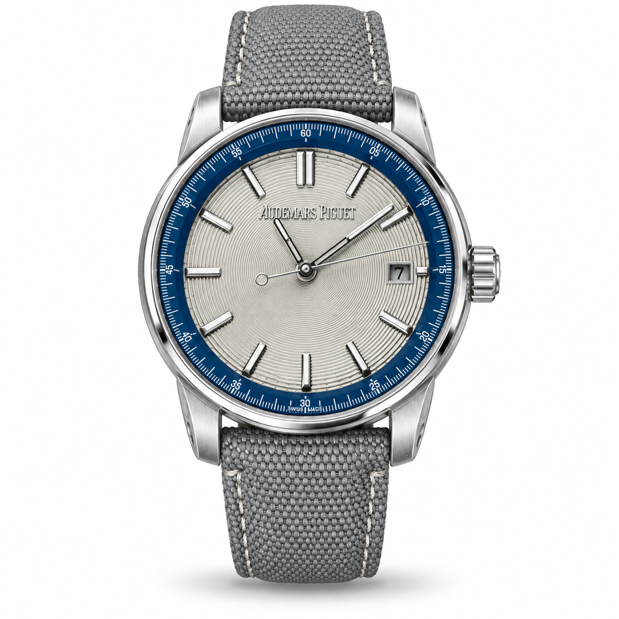 IMG_8073-hero-draft Audemars Piguet — Silver Dial, Blue Outer Ring & Grey Woven Strap - Image 1