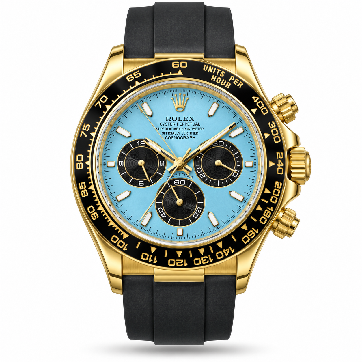 IMG_8115-hero-draft-v2 Rolex — Ice Blue Dial, Dark Subdials, Gold-Tone Case & Black Strap - Image 1