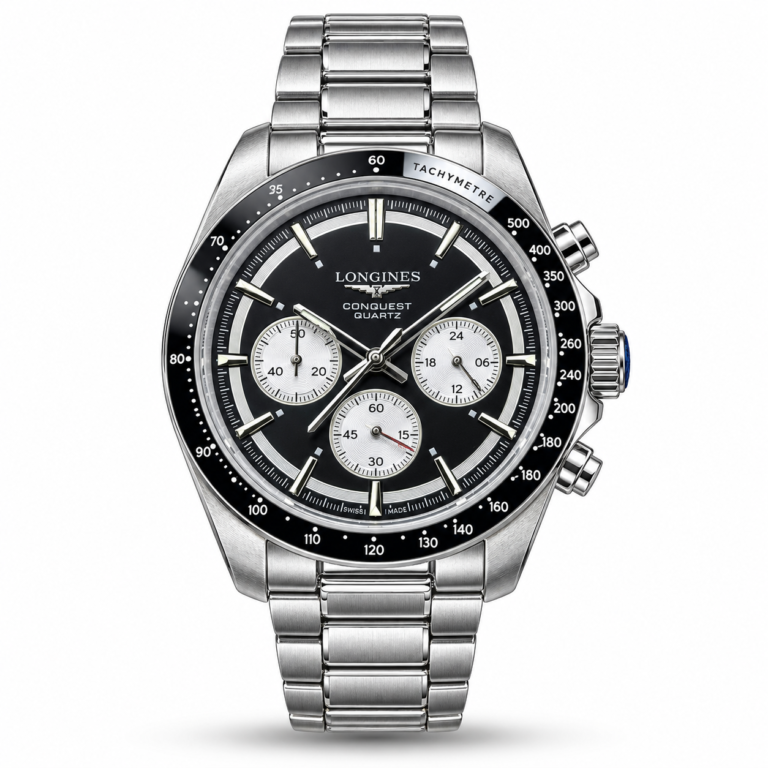 Longines — Black Dial, White Subdials & Silver-Tone Bracelet