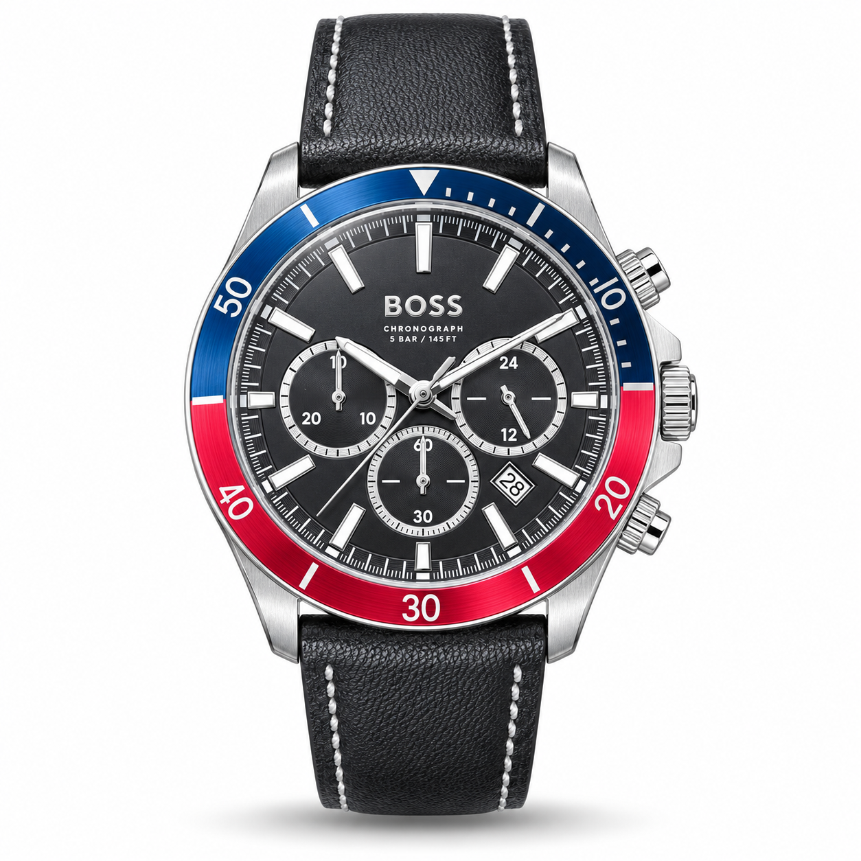 IMG_8606-hero-draft Hugo Boss Troper 1514099 Chronograph Watch – Black Dial, Blue-Red Bezel & Leather Strap - Image 1