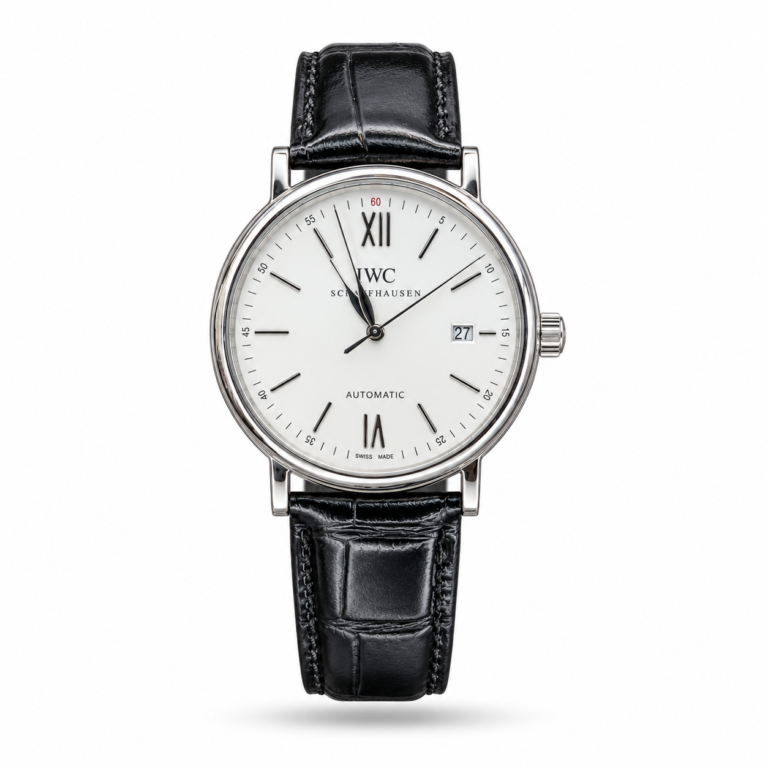 IWC — White Dial, Roman 12/6 & Black Leather Strap