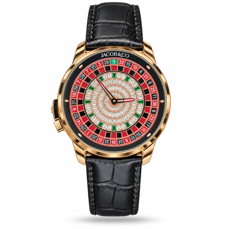 Jacob & Co — Roulette-Style Face, Gold-Tone Case & Black Strap