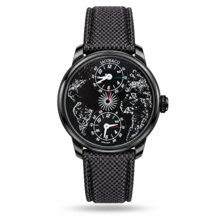 Jacob & Co — Black World-Map Face & Grey Woven Strap