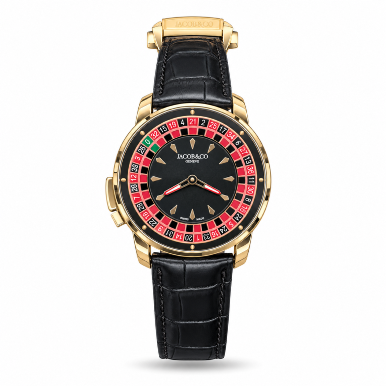 Jacob & Co — Black Dial, Roulette-Style Ring & Black Leather Strap