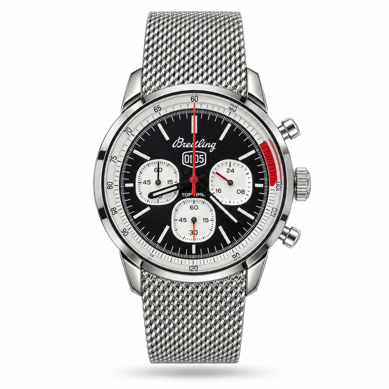 TPN1041-hero-v1 Breitling — Black Dial, White Subdials & Silver-Tone Mesh Bracelet - Image 1