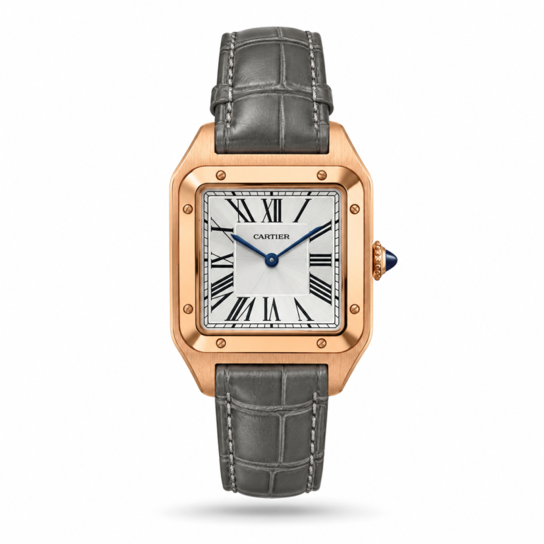 Cartier — White Roman Dial, Rose-Gold-Tone Square Case & Grey Strap