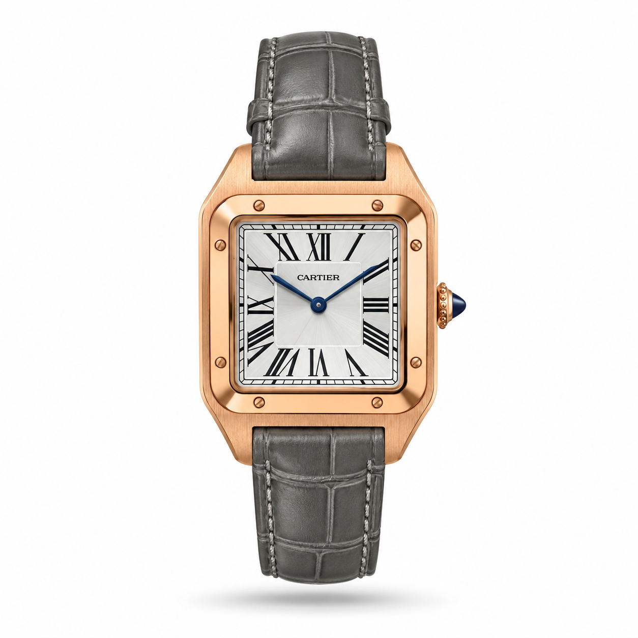TPN1989-hero-v1 Cartier — White Roman Dial, Rose-Gold-Tone Square Case & Grey Strap - Image 1