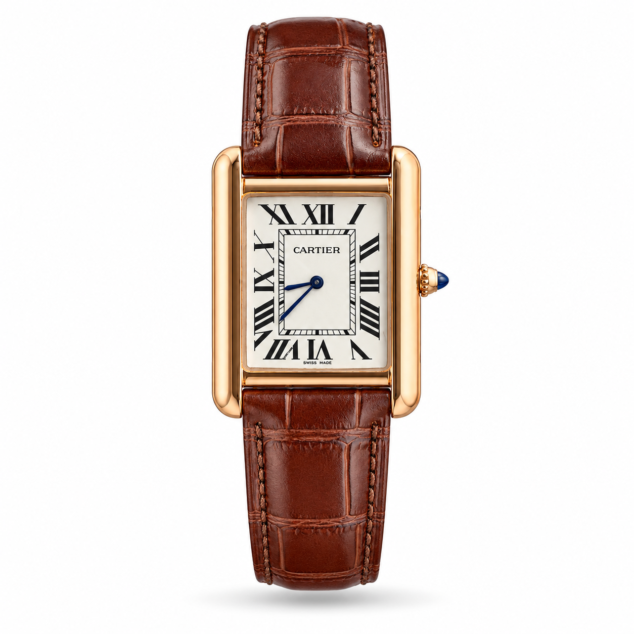 TPN2022-hero-v1 Cartier — White Roman Dial, Rose-Gold-Tone Rectangular Case & Brown Strap - Image 1