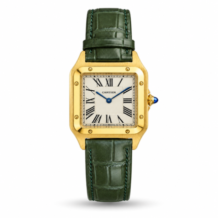 Cartier — White Roman Dial, Gold-Tone Square Case & Green Strap