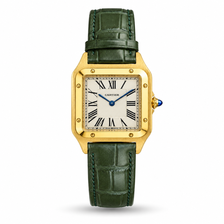 Cartier — White Roman Dial, Gold-Tone Square Case & Green Strap