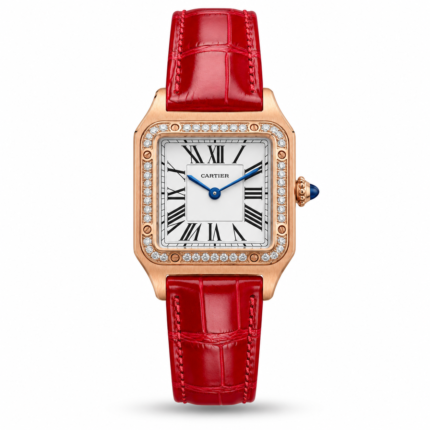 Cartier — White Roman Dial, Stone-Style Bezel & Red Leather Strap