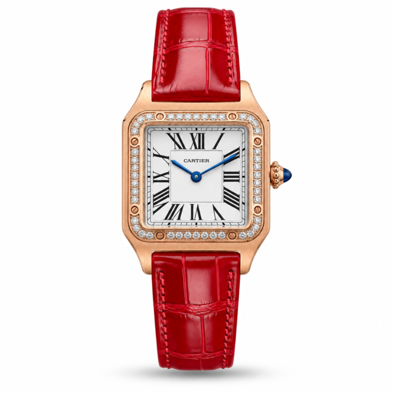 Cartier — White Roman Dial, Stone-Style Bezel & Red Leather Strap