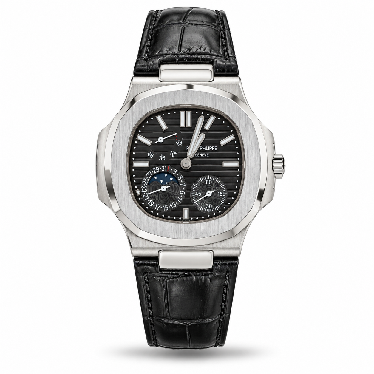 TPN2122-hero-v1 Patek Philippe — Black Subdial Face, Silver-Tone Case & Black Leather Strap - Image 1