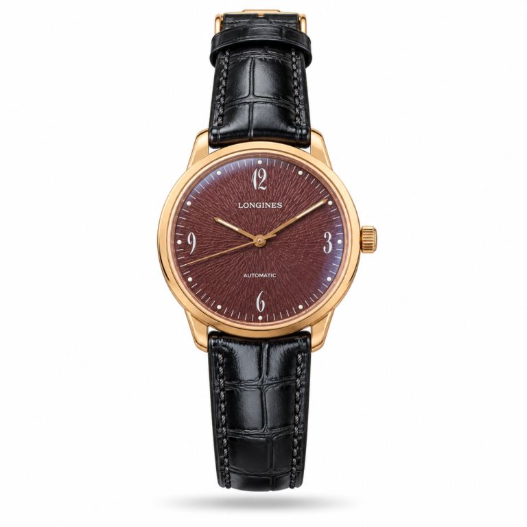 Longines — Burgundy Textured Dial, Gold-Tone Case & Black Strap