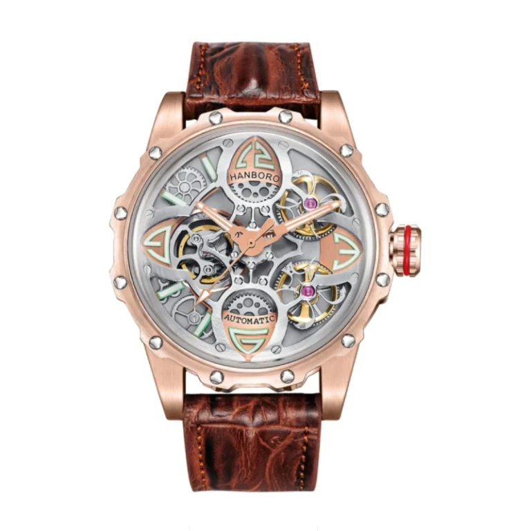 HANBORO Tonneau Skeleton Collection HAO-8858-5 – Mocha Brown & Rose Gold Skeleton Dial Automatic Men's Watch