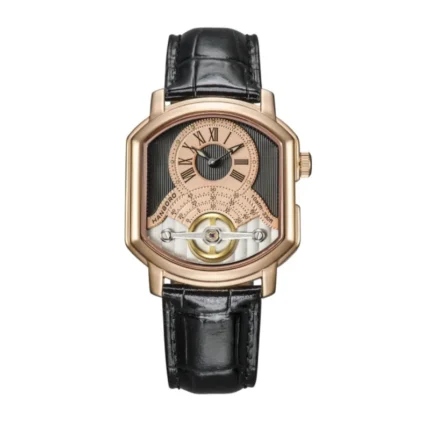 HANBORO Tonneau Dual-Bridge Collection HAO-3234 – Black & Yellow Gold Dual-Bridge Skeleton Dial Automatic Men's Watch