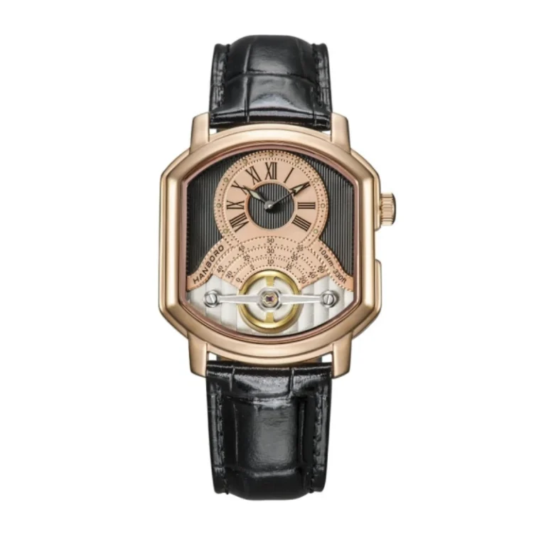 HANBORO Tonneau Dual-Bridge Collection HAO-3234 – Black & Yellow Gold Dual-Bridge Skeleton Dial Automatic Men's Watch