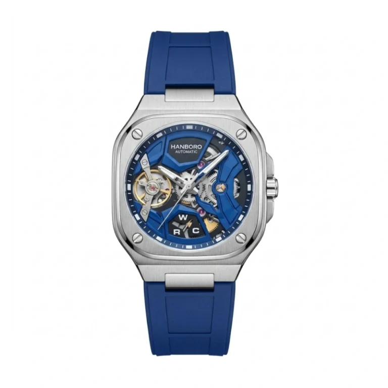 HANBORO Square Skeleton Collection HAO-3871 – Electric Blue & Skeleton Silver Dial Automatic Men's Watch