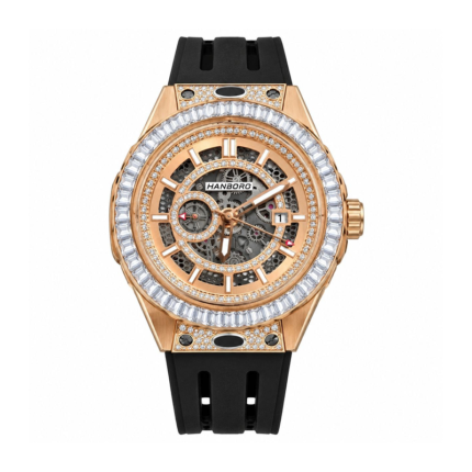 HANBORO Crystal Inlay Tonneau Series HBR-842 – Skeleton Rose Gold & Black Dial Automatic Men's Watch